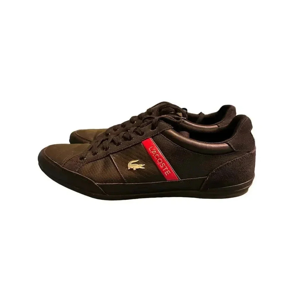Lacoste Men's Black Sneakers with Red Stripe Size 12 - Narrow Fit